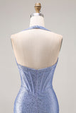 Lichtblauwe zeemeermin halter met kralen, korset lange galajurk met split
