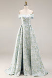 Off-the-shoulder blauwe witte bloem satijnen lange galajurk met A-lijn print
