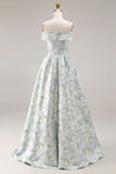 Off-the-shoulder blauwe witte bloem satijnen lange galajurk met A-lijn print