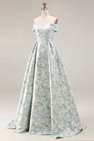Off-the-shoulder blauwe witte bloem satijnen lange galajurk met A-lijn print