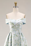 Off-the-shoulder blauwe witte bloem satijnen lange galajurk met A-lijn print