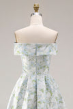 Off-the-shoulder blauwe witte bloem satijnen lange galajurk met A-lijn print