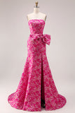 Strapless Fuchsia Bloemenzeemeermin Zijsplit lange galajurk met strik