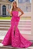 Strapless Fuchsia Bloemenzeemeermin Zijsplit lange galajurk met strik