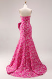 Strapless Fuchsia Bloemenzeemeermin Zijsplit lange galajurk met strik