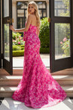 Strapless Fuchsia Bloemenzeemeermin Zijsplit lange galajurk met strik