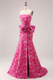 Strapless Fuchsia Bloemenzeemeermin Zijsplit lange galajurk met strik