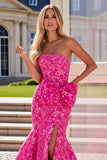 Fuchsia bloemen strapless zeemeermin lange galajurk met split
