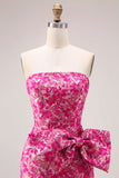 Strapless Fuchsia Bloemenzeemeermin Zijsplit lange galajurk met strik