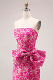 Strapless Fuchsia Bloemenzeemeermin Zijsplit lange galajurk met strik