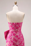 Strapless Fuchsia Bloemenzeemeermin Zijsplit lange galajurk met strik