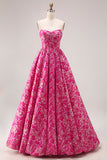 Fuchsia bloem strapless jacquard korset A-lijn lange galajurk