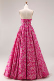 Fuchsia bloem strapless jacquard korset A-lijn lange galajurk