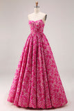 Fuchsia bloem strapless jacquard korset A-lijn lange galajurk