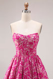 Fuchsia bloem strapless jacquard korset A-lijn lange galajurk