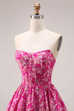 Fuchsia bloem strapless jacquard korset A-lijn lange galajurk