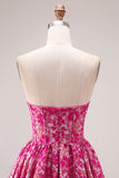 Fuchsia bloem strapless jacquard korset A-lijn lange galajurk