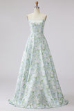 Strapless A-lijn blauwe witte bloem lange galajurk