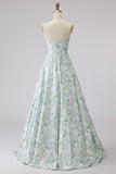 Strapless A-lijn blauwe witte bloem lange galajurk