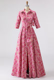 Fuchsia Bloem A Line Shirt Kraag Lange Moeder van de Bruid Jurk met Taille Stropdas