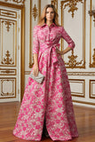 Fuchsia Bloem A Line Shirt Kraag Lange Moeder van de Bruid Jurk met Taille Stropdas