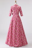 Fuchsia Bloem A Line Shirt Kraag Lange Moeder van de Bruid Jurk met Taille Stropdas