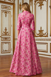 Fuchsia Bloem A Line Shirt Kraag Lange Moeder van de Bruid Jurk met Taille Stropdas