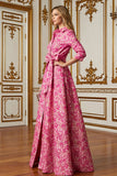 Fuchsia Bloem A Line Shirt Kraag Lange Moeder van de Bruid Jurk met Taille Stropdas