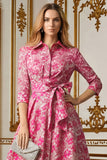 Fuchsia Bloem A Line Shirt Kraag Lange Moeder van de Bruid Jurk met Taille Stropdas