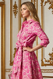 Fuchsia Bloem A Line Shirt Kraag Lange Moeder van de Bruid Jurk met Taille Stropdas