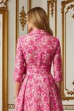 Fuchsia Bloem A Line Shirt Kraag Lange Moeder van de Bruid Jurk met Taille Stropdas