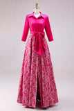 Fuchsia Floral A-lijn satijn lange moeder van de bruid jurk met strikknoop
