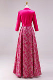 Fuchsia A Line Satijn Bloemen Lange Moeder van de Bruid Jurk met Mouwen