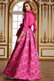 Fuchsia A Line Satijn Bloemen Lange Moeder van de Bruid Jurk met Mouwen