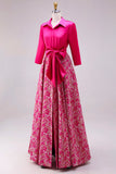 Fuchsia Floral A-lijn satijn lange moeder van de bruid jurk met strikknoop