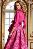 Fuchsia A Line Satijn Bloemen Lange Moeder van de Bruid Jurk met Mouwen
