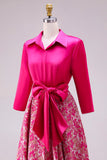 Fuchsia Floral A-lijn satijn lange moeder van de bruid jurk met strikknoop