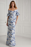 Blauwe bloem met korte mouwen met off-shoulder lange moeder van de bruid jurk