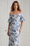Blauwe bloem met korte mouwen met off-shoulder lange moeder van de bruid jurk