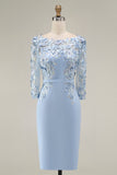 Lichtblauwe Bateau Neck Bodycon geappliqueerde midi Mother of the Bride jurk met 3/4 mouwen
