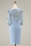 Lichtblauwe Bateau Neck Bodycon geappliqueerde midi Mother of the Bride jurk met 3/4 mouwen