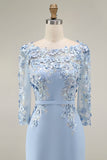Lichtblauwe Bateau Neck Bodycon geappliqueerde midi Mother of the Bride jurk met 3/4 mouwen