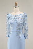 Lichtblauwe Bateau Neck Bodycon geappliqueerde midi Mother of the Bride jurk met 3/4 mouwen