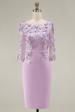 Lichtblauwe Bateau Neck Bodycon geappliqueerde midi Mother of the Bride jurk met 3/4 mouwen