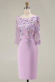 Lichtblauwe Bateau Neck Bodycon geappliqueerde midi Mother of the Bride jurk met 3/4 mouwen