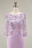 Lichtblauwe Bateau Neck Bodycon geappliqueerde midi Mother of the Bride jurk met 3/4 mouwen