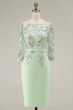 Lichtblauwe Bateau Neck Bodycon geappliqueerde midi Mother of the Bride jurk met 3/4 mouwen