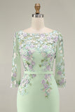 Lichtblauwe Bateau Neck Bodycon geappliqueerde midi Mother of the Bride jurk met 3/4 mouwen