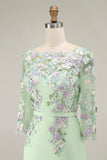 Lichtblauwe Bateau Neck Bodycon geappliqueerde midi Mother of the Bride jurk met 3/4 mouwen
