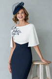 Witte marineblauwe korte bateau halsschede Mother of the Bride jurk met cape